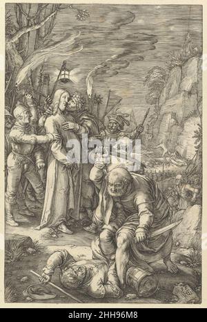 Der Verrat Christi aus der Passion Christi 1598 Hendrick Goltzius Niederländisch Zwischen 1596 und 1598 gravierte Goltzius diese Serie von zwölf Drucken, die das Leiden Christi illustrierten. Sie spiegeln den Einfluss des niederländischen Künstlers Lucas van Leyden sowohl in den Figurentypen als auch in der eigentlichen Gravurtechnik wider. Im Gegensatz zu seinem normalen Grafikstil, der durch eine dramatische Linie gekennzeichnet war, die um die Figuren und den Hintergrund schwillt und sich verjüngt, verwendet Goltzius hier dünne, gerade Linien, die mit langen, geraden Schraffurlinien durchzogen sind, die typisch für Lucas' Drucke sind. Im Norden Stockfoto