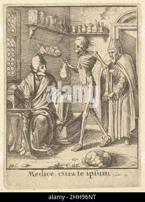 Doktor, aus dem Totentanz [1651] Ende des 18th. Jahrhunderts Druck Wenzel Hollar Böhmisch ein alter Mann konsultiert einen links sitzenden Arzt in seinem Arbeitszimmer.der Tod tritt zwischen sie und reicht dem Arzt eine Flasche. Doktor, aus dem Tanz des Todes 361712 Stockfoto