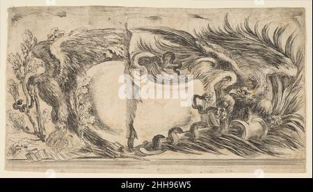 Zwei verschiedene Kartuschen mit je einer Hand zeigt einen Adler im Kampf gegen eine Schlange 1646 Stefano della Bella Italienisch. Zwei verschiedene Kartuschen zeigen jeweils einen Adler im Kampf gegen eine Schlange 370178 Stockfoto