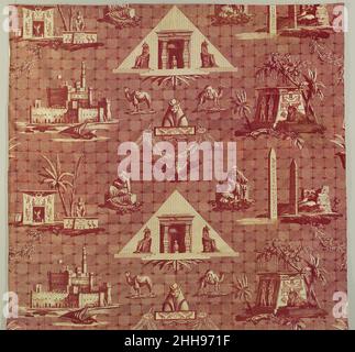 Les Monuments d'Égypte Ca. 1808 Manufaktur Oberkampf Französisch Diese Art monochromatischer Bildbaumwolle, Toile de Jouy, verdankt ihren Namen dem Dorf bei Versailles, in dem die erste gedruckte Textilfabrik Frankreichs gegründet wurde. Gegründet von Christophe-Philippe Oberkampf (1738–1815), der in der Textilindustrie aufgewachsen war, begann die Fabrik 1760 ihre Arbeit. Das Hotel befindet sich in Jouy-en-Josas in der Nähe des Hofes und zog eine wohlhabende Kundschaft an, die die Qualität der Oberkampf-Stoffe schätzte.gedruckte mehrfarbige Muster auf Stoff wurden zuerst durch die Verwendung von geschnitzten Holzblöcken erzielt. Bis 1770s Stockfoto