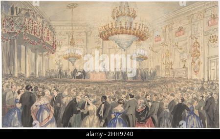 Abolition Meeting in Willis's Rooms zu Ehren von Harriet Beecher Stowe 1853 William Henry Fisk British Nachdem Harriet Beecher Stowe's 'Onkel Tom's Cabin' (1852) zu einem Bestseller in Großbritannien und Amerika wurde, besuchte die Autorin England und Schottland, um ihre Anti-Sklaverei-Überzeugungen zu fördern. Die Gesellschaft drängte sich, um sie zu treffen, und die Aussprüher erwähnten ihre kleine Statur und ihr bescheidene Erscheinung. Diese Zeichnung zeigt einen vollgepackten Empfang, der am 25. Mai 1853 in Willis's Rooms, einem gehobenen Social Club, in der King Street im Londoner Mayfair, stattfand. Bei dieser Gelegenheit wurde Stowe von der britischen und der ausländischen A geehrt Stockfoto