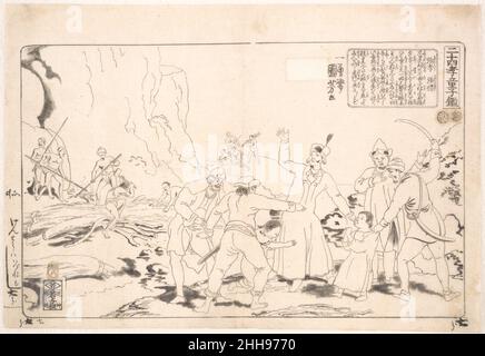 Zwei Brüder Zhang Xiao und Zhang Li Mitte des 19th. Jahrhunderts Utagawa Kuniyoshi Japanisch Diese äußerst seltene vorbereitende Zeichnung zeigt die Geschichte der beiden Brüder Zhang Xiao und Zhang Li (J.: Chōkō und Chōrei). Li, als er nach Nüssen suchte, um seine hungernde Mutter zu ernähren, wurde von Banditen angestachert. Er bat sie, ihn seine Mutter ernähren zu lassen, bevor sie ihn töteten, und durfte vorübergehend zurückkehren, nur um seinen Bruder Xiao bei den Banditen eingreifen zu lassen und stattdessen sein eigenes Leben anzubieten. Tief bewegt ließen die Banditen die Brüder nicht nur frei, sondern gaben ihnen auch Nahrung. Zwei Brüder Zhang Xiao und ZH Stockfoto