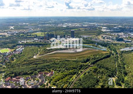 Luftaufnahme, Schlackenheckenrückfüllung, Schlackenheckenstabilisierung, Indoor-Skihalle Bottrop, Indoor-Alpinski, Schlackenheppe Prosperstraße, im Hintergrund cokin Stockfoto