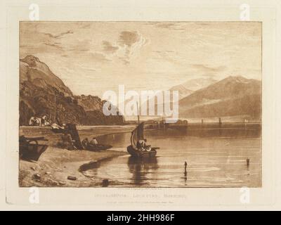 Inverary Pier, Loch Fyne, Morning (Liber Studiorum, Teil VII, Platte 35) 1. Juni 1811 Joseph Mallord William Turner der Brite Turner destillierte seine Vorstellungen über Landschaft in 'Liber Studiorum' (lateinisch für 'Book of Studies'), einer Serie von siebzig Drucken plus einem Frontispiz, das zwischen 1807 und 1819 veröffentlicht wurde. Um die Kompositionen zu etablieren, fertigte er braune Aquarellzeichnungen an und ätzte dann Konturen auf Kupferplatten. In wenigen Fällen, wie hier, entwickelte Turner auch den Ton, indem er Aquatint und Mezzotint verwendete, um einen schottischen loch zu beschreiben, der von Bergen begrenzt ist, wobei der Vordergrund von Booten und Fischern belebt wird Stockfoto