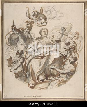 Studium der Gerechtigkeit, die den Künsten Belohnungen gibt (recto); Studium einer Lunette und eines Spandrels (verso) 1680–1744 Lorenzo de' Ferrari Italienisch. Studium der Gerechtigkeit, die Belohnungen an die Künste ausgibt (recto); Studium einer Lunette und eines Spandrels (verso) 335968 Stockfoto