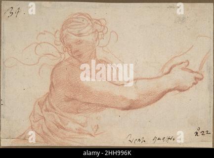 Studie für die Allegorie der Religion 1629–39 Pietro da Cortona (Pietro Berrettini) Italienisch von Jacob Bean (1979) zu Recht dem Barockmeister Pietro da Cortona zugeschrieben , Die Zeichnung wurde von David (1983) und Prosperi Valenti Rodinò (1997) als eine Studie für die Allegorie der Religion anerkannt, die der Künstler zwischen 1629 und 1639 auf dem Gewölbe des Hauptsaals des Palazzo Barberini in Rom mit Fresken bemalt hatte. An der Barberini-Decke befindet sich die Religion direkt unter der Personifizierung Roms, im oberen linken Bereich der Dekoration. Cortona hat in der Regel die Rotkreide-Technik für figürliche Studien übernommen Stockfoto