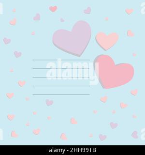 Design aus bunten Herzen. Vorlage für Grußkarte, Aufkleber, Notizblock, Notizbuch, Verpackung. Papierschnitt. Vektorgrafik. Stock Vektor