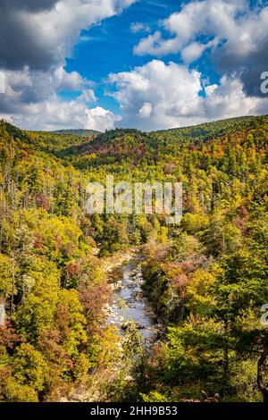 Linville Falls ist der berühmteste und beliebteste Wasserfall in den Blue Ridge Mountains, hauptsächlich aufgrund seiner Nähe zum Blue Ridge Parkway. Stockfoto