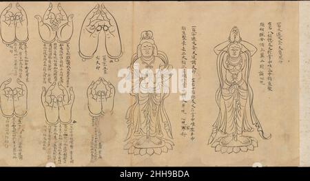 Buch der Mudras 11th–12th Jahrhundert Japanf Diese Handrolle zeigt Handgesten, die auf Sanskrit, der indischen Sprache, in der viele frühe esoterische buddhistische Texte geschrieben wurden, als Mudras bekannt sind. In Japan werden die Gesten ins? Genannt, der japanische Begriff für ein chinesisches Wort, das die Zeichen für „Seal“ und „Form“ kombiniert. Im esoterischen Buddhismus sind Mudras physische Inszenierungen ultimer Wahrheiten, die durch Buddhas und andere Gottheiten offenbart werden. Praktizierende des esoterischen Buddhismus in Japan bilden Mudras während der Meditation und Rituale und verwenden sie, um die Bedeutung gemalter und geformter buddhistischer Bilder zu interpretieren. Th Stockfoto