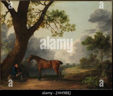 The Third Duke of Dorset's Hunter with a Groom and a Dog 1768 George Stubbs die coolen und akkuraten Porträts von Wildtieren, Hunden und vor allem Pferden von British Stubbs haben prominente Sportbegeisterte angesprochen; er war auch ein begabter Landschaftsmaler. Obwohl er von seinen Zeitgenossen wenig kritische Aufmerksamkeit erhielt, gilt Stubbs heute als einer der innovativsten englischen Künstler des 18. Jahrhunderts. Hier dominiert das Pferd des Herzogs von Dorset das Bild und stellt seinen Bräutigam in den Schatten, in einem erzählenden Ausdruck künstlerischer und sozialer Prioritäten. Der Jäger des dritten Herzogs von Dorset mit einem Gro Stockfoto