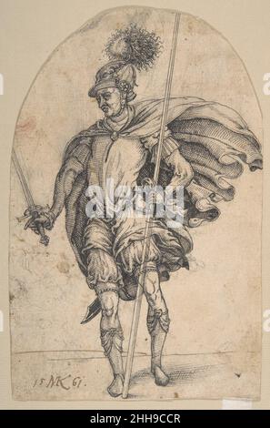 Ein stehender Soldat 1561 Michel Kirmer Deutsch. Ein Standing Soldier 383092 Künstler: Michel Kirmer, aktiv ca. 1552?ca. 1570, Ein stehender Soldat, 1561, Stift und schwarze Tinte, über einer Skizze in schwarzer Kreide, roter Kreide, Blatt (oben abgerundet): 8 5/8 x 5 1/2 Zoll (21,9 x 14 cm). Das Metropolitan Museum of Art, New York. Harry G. Sperling Fund, 2008 (2008,180) Stockfoto