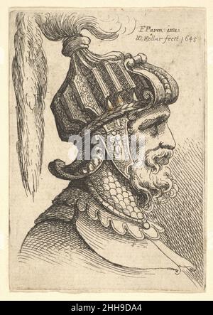 Helmeted Head 1645 Wenceslaus Hollar Bohemian Ein Krieger mittleren Alters mit Schnurrbart und Bart, Brustlänge im Profil rechts abgebildet. Nach Parmigianino. Helmeted Head 360820 Stockfoto