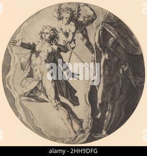 Der erste Tag (Dies I), Platte 1 aus der Schöpfung der Welt, eine Reihe von Titeln und sechs Platten 1589 Jan Muller Niederlandisch. Der erste Tag (Dies I), Platte 1 aus der Schöpfung der Welt, eine Reihe von Titeln und sechs Platten 374000 Stockfoto