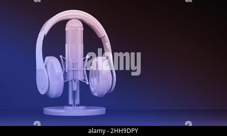 Silberne Kopfhörer und Mikrofon mit Kopierplatz. 3D Rendern Stockfoto