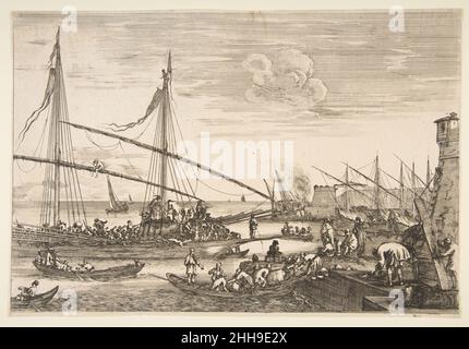 Blick auf die Befestigungsanlagen, zwei Männer, die rechts ein Brett heben, mehrere Schiffe und Boote im Hintergrund und eine Galeere links, von 'Ansichten des Hafens von Livorno' (Vues du Port de Livourne) 1655 Stefano della Bella Italian. Blick auf die Festungen, zwei Männer, die rechts ein Brett heben, mehrere Schiffe und Boote im Hintergrund und eine Galeere links, von 'Ansichten des Hafens von Livorno' (Vues du Port de Livourne) 377480 Stockfoto