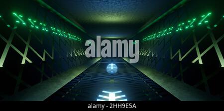 Realistischer Sci-Fi-dunkler Korridor mit grünem Licht. Futuristischer Tunnel mit grungen Metallwänden. Cyberpunk-Tunnel. Innenansicht. 3D Rendern Stockfoto