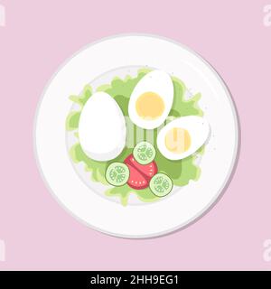 Eier mit Salat gesunde Ernährung Mahlzeit auf dem Teller. Vektorgrafik. Einfache flache Stock Ernährung Bild. Huhn-Ei gesunde Ernährung Stock Vektor