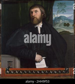 Porträt eines Mannes ca. 1520–25 Moretto da Brescia (Alessandro Bonvicino) das italienische Moretto-Porträt setzt sich durch Pose und Blick des Sitters sowie durch die mit Teppich und Sanduhr geschmückte Attika (Emblem des Zeitvergangs und damit der Sterblichkeit) aktiv mit dem Betrachter in Verbindung. Moretto kannte die Porträts von Tizian, aber auch die eines anderen venezianischen Künstlers, Lorenzo Lotto, dessen Werk direkt vom Beispiel Dürers inspiriert war. Die Andeutung einer lebendigen, lebendigen Präsenz ist ein verbindendes Ziel der Porträts des 16. Jahrhunderts nördlich und südlich der Alpen. Brescia, si Stockfoto