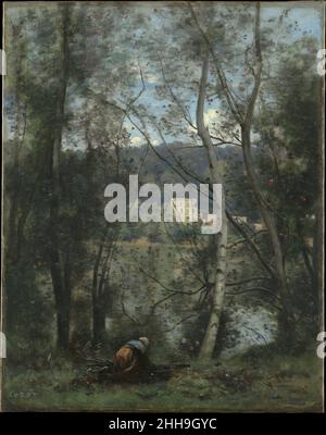 Eine Frau, die Faggots in Ville-d'Avray sammelt. 1871–74 Camille Corot French Ville-d’Avray, eine Stadt am Stadtrand von Paris, in der Corots Familie seit 1817 ein Haus und ein Eigentum besaß, gehörte zu den Lieblingsmotiven des Künstlers. Dieses Werk ist eines von mehreren Gemälden des Grundstücksteiches, die er in seinen späteren Jahren durch einen zarten Baumbildschirm gesehen hat. Die silbrige, kühle Tonalität mag durch Corots Untersuchung des zeitgenössischen Mediums Fotografie beeinflusst worden sein. Das verschwommene Aussehen der Bäume im Vordergrund ähnelt beispielsweise der Wirkung von sich bewegendem Laub, wie es eingefangen wurde Stockfoto