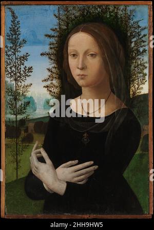 Porträt einer jungen Frau ca. 1490–1500 Lorenzo di Credi (Lorenzo d'Andrea d'Oderigo) Italienisch Dieses beschädigte, aber eindrucksvolle Porträt wurde als Witwe des Bruders des Künstlers identifiziert, der ein Goldschmied war. Das würde erklären, warum sie schwarz gekleidet ist und einen Ring hält. Der Wacholderbusch (ginepro) hinter ihr könnte auf ihren Namen Ginevra di Giovanni di Niccolò verweisen. Das Bild wurde inspiriert von Leonardos Porträt von Ginevra de' Benci in der National Gallery of Art, Washington. Porträt einer jungen Frau. Lorenzo di Credi (Lorenzo d'Andrea d'Oderigo) (Italienisch, Florenz 1456/59–1536 Florenz). c Stockfoto