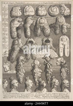 The Five Orders of Periwigs November 1761 William Hogarth der Brite Hogarth verwendete hier die Terminologie der klassischen Architektur auf Männerperücken, um die Spaltungen der britischen Gesellschaft zu satirisieren. Mit verspotteter Ernsthaftigkeit arrangierte er Perückentypen in Reihen wie in einer architektonischen Abhandlung. In Anlehnung an die Namen der Kapitellen der Säulen bezeichnete er seine Exemplare als „Episcopal“, „Old Peerian“, „Aldermanic“, „Lexonic“ und „Queerinthian“. Der Humor wurde von einer pompösen Werbung für James Stuarts und Nicholajs demnächst erscheinendes Buch The Antiquities of Athens inspiriert. Hogarth konzentriert sich auf die „Ordnungen“ britischer Sozia Stockfoto