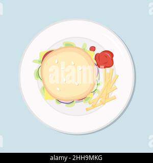 Burger mit pommes frites. Sandwich mit Salat, Tomaten, Gurken, Gemüse auf dem Teller. Vektorgrafik. Einfache flache Cheeseburger Stock Ernährung Stock Vektor