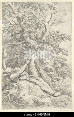 Der heilige Wilhelm von Maleval, die Hände mit einem Seil an einen Baum gebunden 1661 Salvator Rosa der italienische heilige Wilhelm war ein unmoralischer Soldat, der später ein Klosterleben einnahm. Er wird hier dargestellt, wie er in einem bewaldeten Tal in einer Region von Siena, bekannt als Maleval, Buße tut. Rosa stellt den heiligen als einsame Büßende dar, die sich in einer unbequemen Pose befindet und ruhig ein Kreuz betrachtet. Die Einsamkeit der Figur wird durch den zackigen Stil, in dem der Wald gerendert wird, vor allem durch die extremen Schattierungsabstufungen verstärkt. Das Thema des kontemplativen Büßer ist in Werken von üblich Stockfoto