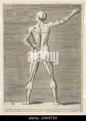 Von hinten gesehen, ausgestreckter Mann, sein rechter Arm um ca. 1531–76 Giulio Bonasone Italienisch. Von hinten gesehen, ausgestreckter Mann mit ausgestrecktem rechten Arm. Giulio Bonasone (Italienisch, aktiv in Rom und Bologna, 1531–nach 1576). Ca. 1531–76. Gravur. Ausdrucke Stockfoto