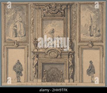 Entwurf für eine Wanddekoration mit Schornstein und zwei Figuren ca. 1650–70 Antoine Le Pautre zugeschrieben der Franzose Antoine Lepautre war der dritte Sohn des Kabinettsbauers Adrien Lepautre. Über seine Ausbildung ist wenig bekannt, aber als er im Alter von 27 Jahren heiratete, wurde er bereits zum Architekten im Dienste des Königs ernannt. Seine Gebäude sind schöne Beispiele für den auftauchenden französischen Klassizismus, inspiriert von den Königen Louis XIII und Louis XIV Das Hotel Beauvais, das er für Catherine-Henriette Bellier, die Geliebte von König Ludwig XIV, baute, wurde von dem italienischen Bildhauer und Architekten erwähnt Stockfoto