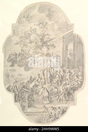 Die Vision des heiligen Benedikt 1740 Francesco de Mura der italienische Heilige Benedikt steht im Zentrum der Komposition und blickt nach oben auf eine Erscheinung der Heiligen Dreifaltigkeit, während sich um den heiligen Mitglieder der Ordensleute versammelt, die seiner monastischen Herrschaft folgen, Sowie Laienmänner und -Frauen, die sich seinem Kult verschrieben haben. Die Zeichnung ist eine Studie mit einer Reihe von Variationen für ein Deckenfresko, signiert von de Mura und datiert 1740, in der Mitte des Kirchenschiffs der neapolitanischen Kirche der Heiligen Severino e Sossio. In der Zahl und in der Platzierung der Figuren eine Ölskizze im Museo d Stockfoto