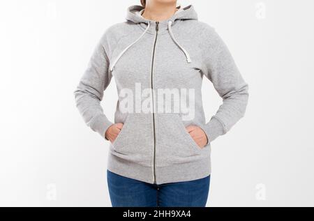 Schöne Frau in grau Pullover Hoodie Mockup Stockfoto