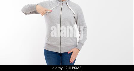 Smile Pointed Frau in grauem Kapuzenpullover-Mockup Stockfoto