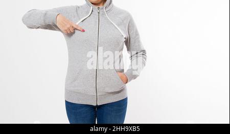 Spitz asiatische Frau in grau Pullover Hoodie Mockup Stockfoto