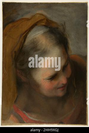 Kopf einer alten Frau, die nach rechts unten schaut (St. Elisabeth) 1584–86 Federico Barocci die Italienerin Barocci gehörte zu den Pionieren der Ölskizze in Italien. Diese schillernde Farbstudie war die Vorbereitung für die Figur der Heiligen Elisabeth in seinem berühmten Visitation Altarbild in der Kirche Santa Maria in Vallicella oder 'Chiesa Nuova', Rom, gemalt zwischen 1584 und 1586. Im letzten Werk würde der Kopf des heiligen idealisierter und heiterer von Merkmal, und die Technik der Ausführung viel weniger skizzenhaft. Barocci war ein unermüdlicher und erstaunlich fließender Zeichner. Für die alternative Visitation Stockfoto