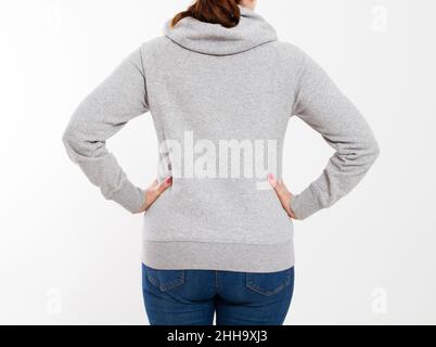 Hübsche Frau im grauen Kapuzenpullover-Mockup - Rückansicht Stockfoto