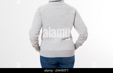 Hübsche Frau im grauen Kapuzenpullover-Mockup - Rückansicht Stockfoto