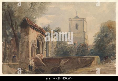 Waltham Abbey, Essex Ca. 1840 Peter De Wint die meisterhafte Kontrolle des Aquarells durch den Briten De Wint erinnert hier an Bäume, Wasser und Himmel sowie an Architektur. Waltham Abbey, eines der ältesten Klöster in England, liegt etwa 16 Meilen nördlich von London. Von Heinrich VIII. Aufgelöst, ist heute von dem einst umfangreichen Komplex nur noch eine Kirche aus dem 12. Jahrhundert erhalten, die von Augustiner-Chorherren gegründet wurde, deren Turm von 1556 bis 58 hinzugefügt wurde und Fragmente eines Torhauses aus dem 14. Jahrhundert. De Wint brachte diese Elemente näher zusammen, als sie in Wirklichkeit sind, und reduzierte die Auswirkungen von säkularen Übergriffen durch Skre Stockfoto