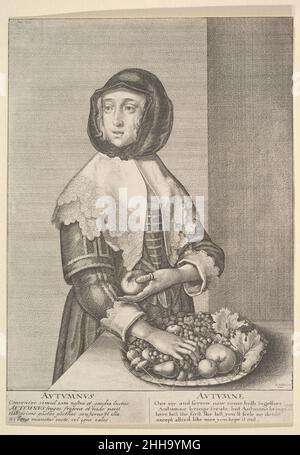 Autumnus - Herbst 1641 Wenceslaus Hollar Bohemian Young Woman steht dreiviertel lang, ihr Kopf leicht nach links gedreht, trägt einen schwarzen Schal unter dem Kinn über dem weißen spitzen Kragen mit Spitzenumrandungen auf den Schultern; rechte Hand auf dem Teller mit Früchten, linke Hand mit Apfel.. Autumnus - Herbst 361576 Stockfoto