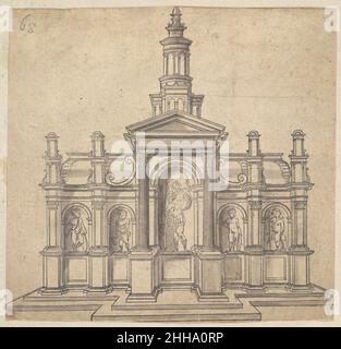 Architektonisch geformtes Tabernakel mit einem Heiligen und vier Putti Ca. 1530–49 Anonymes architektonisch geformtes Tabernakel mit einem hervorstehenden Resault in Form eines Portikus, der in der Mitte von einem schlanken Turm gekrönt wird. Das Tabernakel ist durch fünf Nischen gekennzeichnet, die durch Säulen getrennt sind. Die zentrale Nische ist höher als die anderen vier und enthält die Statue eines männlichen heiligen, gekleidet als Soldat und mit einem Banner (möglicherweise Longinus). Putti wurden in den anderen vier Nischen platziert, sie werden in verschiedenen Posen dargestellt und haben verschiedene Attribute. Die Farbtöne wurden dem Design von hinzugefügt Stockfoto