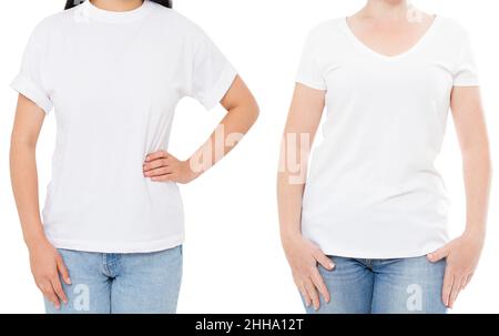 Frau weißes T-Shirt-Modell, Set leeres leeres leeres T-Shirt, Mädchen in leerem T-Shirt-Kopierraum, weißes T-Shirt isoliert auf weißem Hintergrund Collage oder Set Stockfoto