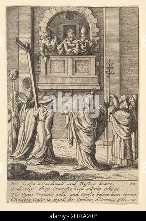 Ecce Homo 1644–52 Wenceslaus Hollar Böhmische Platte 10. Ecce Homo; Christus trägt eine Dornenkrone und steht mit gefesselten Händen auf einem Balkon. Er wird von einem Bischof und einer anderen Figur flankiert und von unten beobachtet von Mönchen, einem Papst, der ein goldenes Kreuz hält, und einem Kardinal, der ein hölzernes Kreuz hält; nach einem Anhänger von Hans Holbein. Ecce Homo 360827 Stockfoto