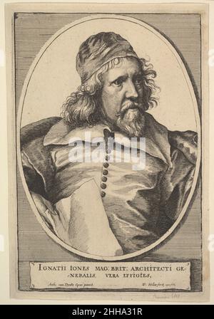 Inigo Jones (aus Inigo Jones' 'der bemerkenswertesten Antike Großbritanniens, vulgarly genannt Stone-heng auf der Salisbury Plain', 1655) 1655 Wenceslaus Hollar Böhmisches Porträt von Inigo Jones, halblang, vorne sitzend, mit nach rechts gedrehter Kopf; Mit einer Kappe und einem breiten Kragen über dem Doppelblatt, wobei er ein Blatt Papier in der rechten Hand hielt; in einem ovalen Rahmen; darunter eine Tablette; aus dem Stich von Robert van Voerst nach Van Dyck; Illustration zu Inigo Jones' 'der bemerkenswertesten Antike Großbritanniens, die vulgär Stone-heng auf Salisbury genannt wird. Inigo Jones (aus Inigo Jones's „die bemerkenswerteste Ameise Stockfoto