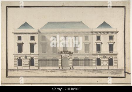 Design für die Collège de France, Paris: Höhe der Vorderseite des Gerichts mit Einlassbildschirm ca. 1772 Jean François Chalgrin Französisch. Design für die Collège de France, Paris: Höhe der Vorderseite des Gerichts zeigt die Eingangswand. Jean François Chalgrin (Französisch, Paris 1739–1811 Paris). Ca. 1772. Stift und schwarze und graue Tinte, grau und blau waschen Stockfoto