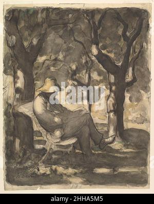 A man Reading in a Garden (recto); Vorskizze für A man Reading in a Garden (verso) ca. 1865 Honoré Daumier Französisch nach Daumiers Tod gelangte diese Zeichnung in die Hände der Pariser Kunsthändler Boussod & Valadon, wo Vincent Van Goghs Bruder Theo arbeitete. Vincent scheint sich daran erinnert zu haben, es gesehen zu haben, indem er am 22. Oktober 1882 an seinen Bruder schrieb: „Ich erinnere mich sehr gut daran, dass er am meisten beeindruckt war von einer Zeichnung von Daumiers: Einem alten Mann unter den Kastanienbäumen auf den Champs Elysées. Was mich damals so sehr beeindruckte, war etwas so stout und männlich in Daumiers Konzeption, etwas, das ma Stockfoto