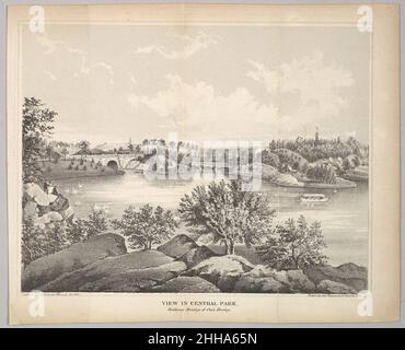 Blick in den Central Park mit Balcony Bridge und Oak Bridge (Valentine's Manual) 1861 George Hayward Amerikaner, geboren England Eine Ansicht des New Yorker Central Parks, veröffentlicht in 'Manual of the Corporation of the City of New York' (bekannt als Valentine's Manual). Blick in den Central Park mit Balcony Bridge und Oak Bridge (Valentine's Manual). George Hayward (Amerikaner (geb. England), Deal 1800–1872 Brooklyn, New York). 1861. Lithographie mit getönem Stein. David Thomas Valentine (Amerikaner, 1801–1869). Ausdrucke Stockfoto