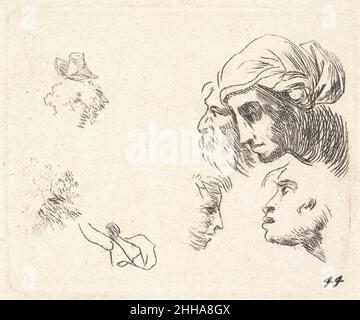 Studie von Köpfen in der Profilansicht, einer Frau mit Kopftuch und bärtigen Mann, dessen Köpfe sich oben überlappen, zwei Profile unten ca. 1641–78 Karel Dujardin Niederländisch. Studie von Köpfen in der Profilansicht, einer Frau mit Kopftuch und einem bärtigen Mann, dessen Köpfe sich oben überlappen, zwei Profile unten. Karel Dujardin (Niederländisch, Amsterdam 1622–1678 Venedig). Ca. 1641–78. Ätzen. Ausdrucke Stockfoto