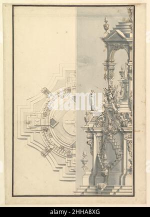 Halber Höhenunterschied und halber Grundplan für eine Katafalque für einen Herzog 1696–1756 Workshop von Giuseppe Galli Bibiena Italienisch. Halber Höhenunterschied und halber Bodenplan für eine Catafalque für einen Duke 344319 Stockfoto