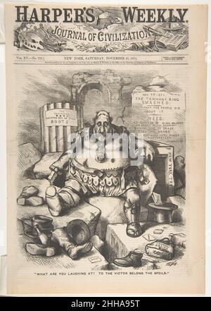 „Worüber Lachst Du? Zu den Victor gehören die Beute", aus „Harper's Weekly“ 25. November 1871 Nachdem Thomas Nast American, der gebürtige deutsche New Yorker berühmt-korrupte Politiker William M. „Boss“ Tweed hier als besiegter römischer Soldat erscheint. Nasts kritische Satiren auf Tweed erschienen regelmäßig in Harper’s Weekly und halfen den New Yorker Wählern, im November 1871 die Demokraten zu verdrängen. Dies beendete Tweed’s korrupte Führung von Tammany Hall – einer politischen Maschine, die über drei Jahre Hunderte von Millionen Dollar veruntreut und Kritiker zum Schweigen gebracht hat. Nast vergleicht die besiegte Tweed t Stockfoto