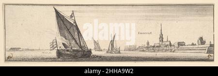 Emmerich 1642–44 Wenceslaus Hollar Böhmische Ansicht von Emmerich vom Rhein aus, mit Häuserreihe und zwei Kirchen am Flussufer; links im Vordergrund ein Boot, links zwei weitere Boote im Hintergrund. Einer von 12 Views in Deutschland, früher in einem Album, ist jetzt nicht mehr zu sehen. Nach Vertue, diese Drucke auf Zeichnungen aus dem Jahr 1632, als Hollar machte eine Rheinfahrt von Köln.. Emmerich 360852 Stockfoto