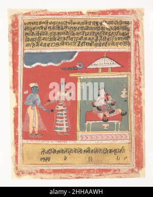 Radhas Freund bittet sie, Krishna zu empfangen: Page from a Dispersed Rasikapriya 1634 India (Madhya Pradesh, Malwa) Krishna nähert sich Radhas Pavillon, nachdem er ihre Freundin gewonnen hat, um als Vermittler zu fungieren. Die Vertraute erzählt, wie die Pfauen vor Wut über Radhas schmollende Lüstigkeit weinen und wie die Wolken nach Lust und Laune erklingen, während sie schweigend friert. Die Seiten dieses Manuskripts, datiert auf das Jahr 1634, zeigen weibliche Figuren in gestreiften Gewändern, während die männlichen Protagonisten dieser Gruppe oft schiere Musselin-Oberbekleidung und flache Turbanen besitzen. Angesichts der geographischen Ausdehnung Malwa und Stockfoto